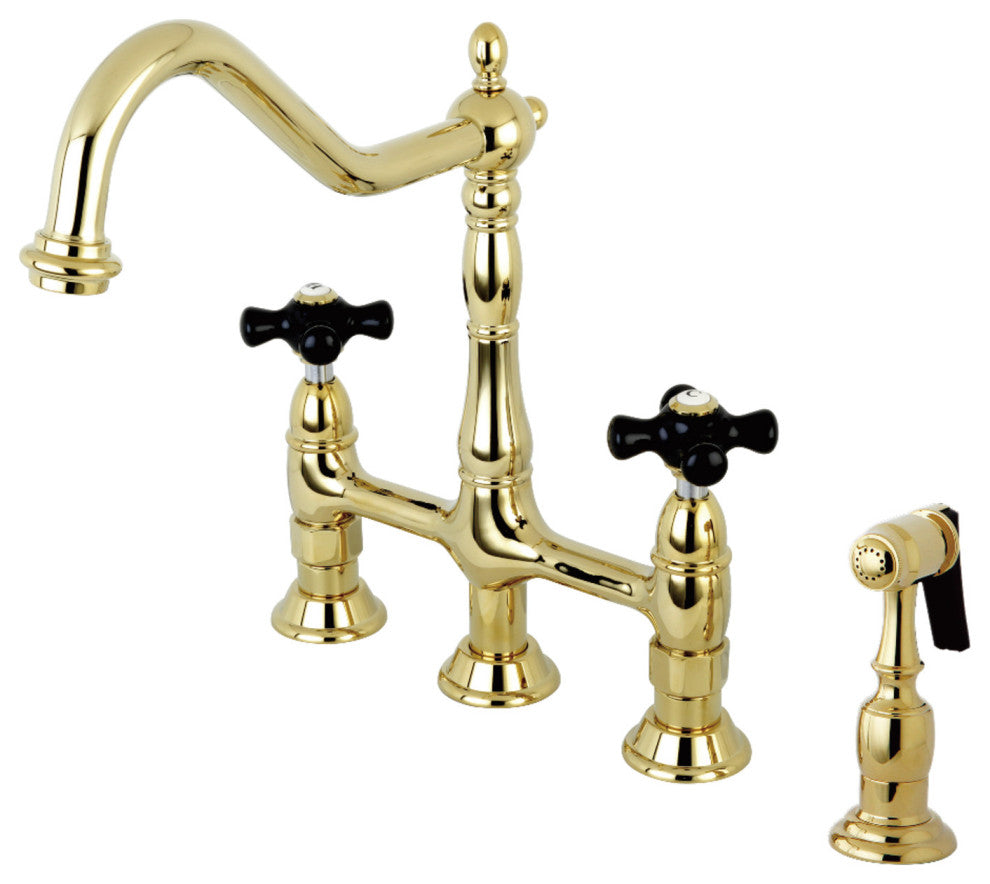 Kingston Brass Bridge Kitchen Faucet With Brass Sprayer, Polished Brass