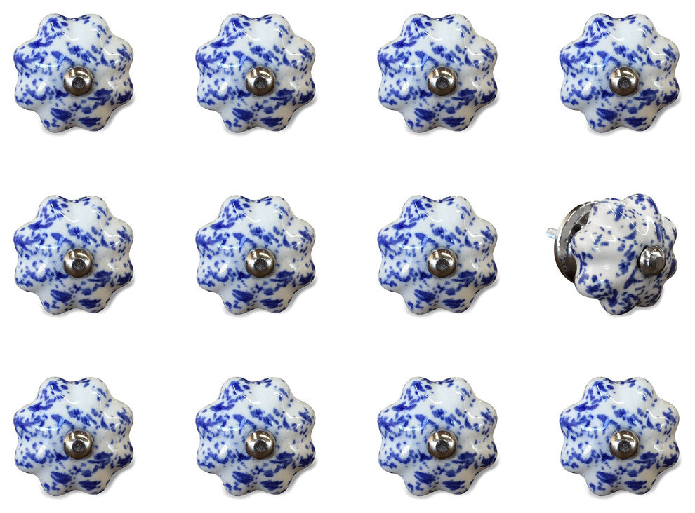 Knob-It Vintage Handpainted Ceramic Knobs, Set of 12, Blue and White