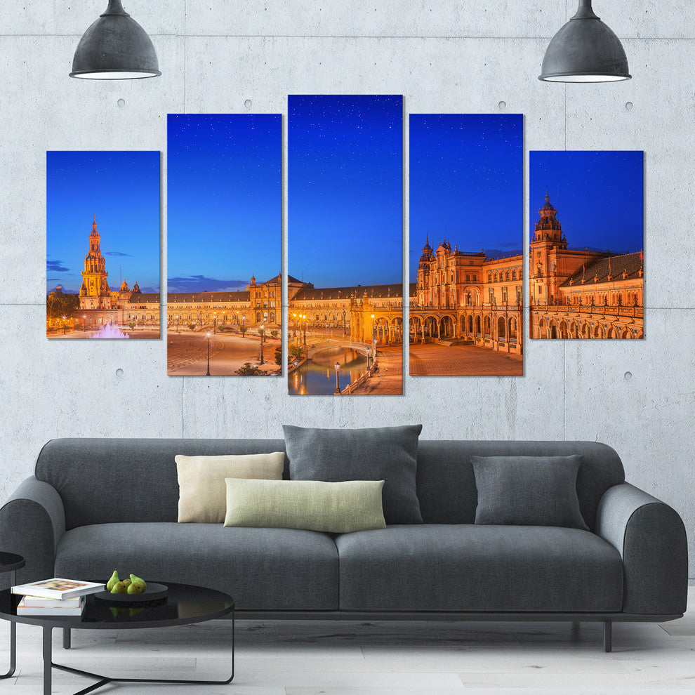 View of Spain Square at Sunset, Cityscape Canvas Art Print, 60"x32", 5 Panels