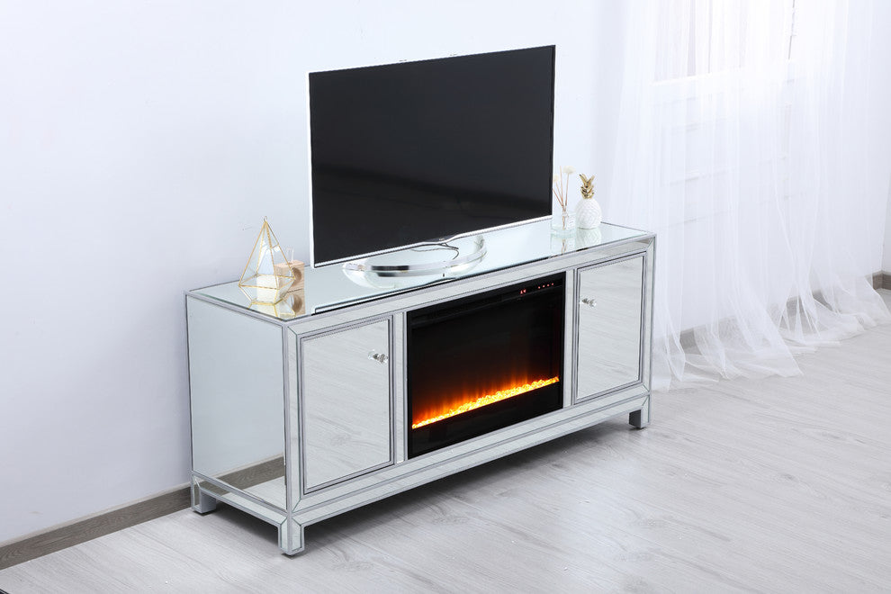 60" Mirrored TV Stand, Crystal Design Fireplace Insert