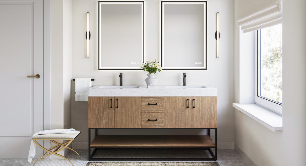 Bahia Bath Vanity, Oak, 60", Matte Black Hardware, Double, Freestanding