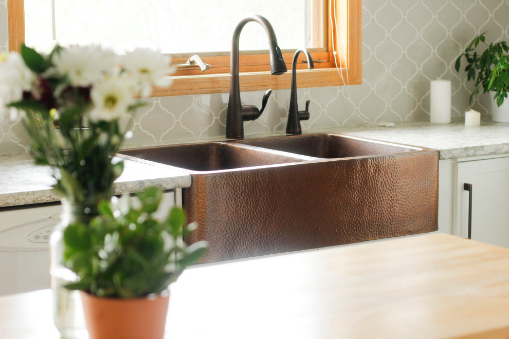 Adams Copper 33" Double Bowl Farmhouse Apron Front Undermount Kitchen Sink