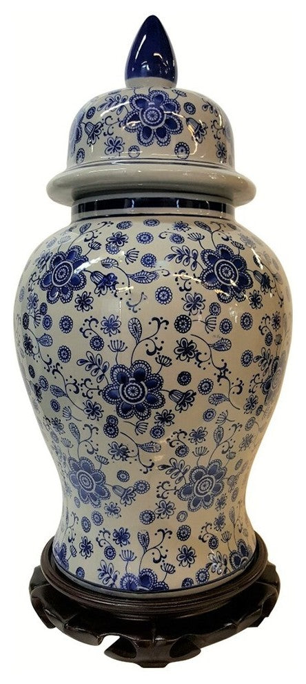 Mod Blue and White 18" Temple Jar With Art Deco Floral