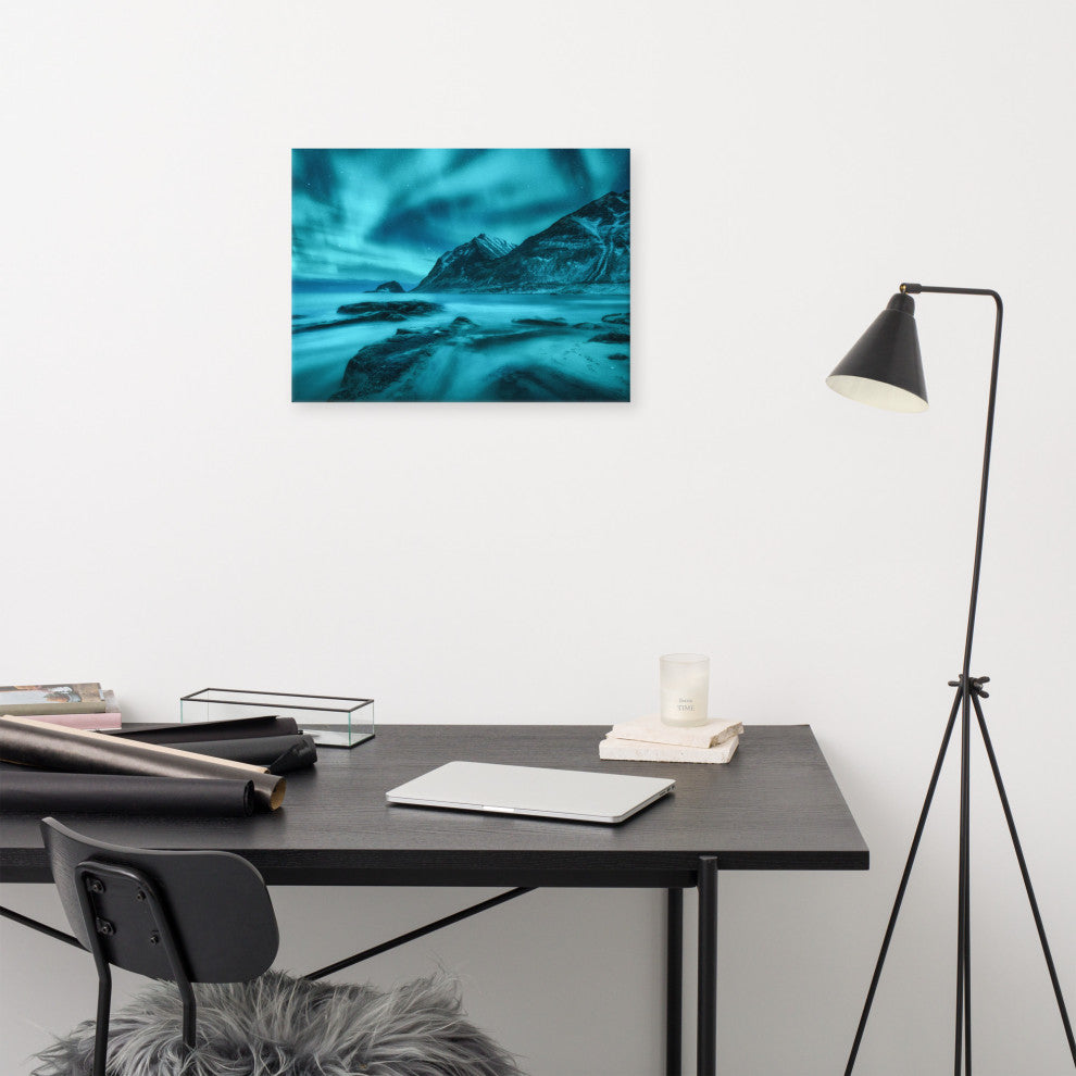 Blue Northern Lights and Mountain Coast Landscape Photo Canvas Wall Art Prints, 18" X 24"