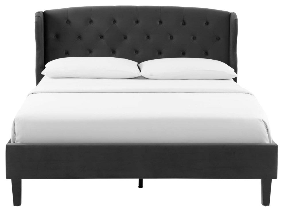 Penelope Tufted Wingback Queen Performance Velvet Platform Bed-Charcoal