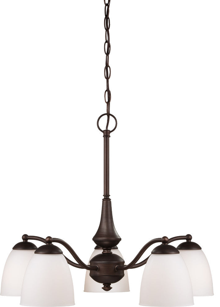 Patton 5 Light Chandelier With Frosted Glass, Arms Down