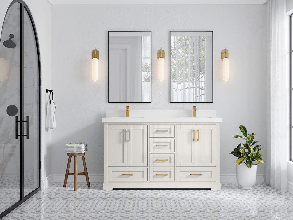 Boston 60" Double Bathroom Vanity in Alabaster 2" White Quartz