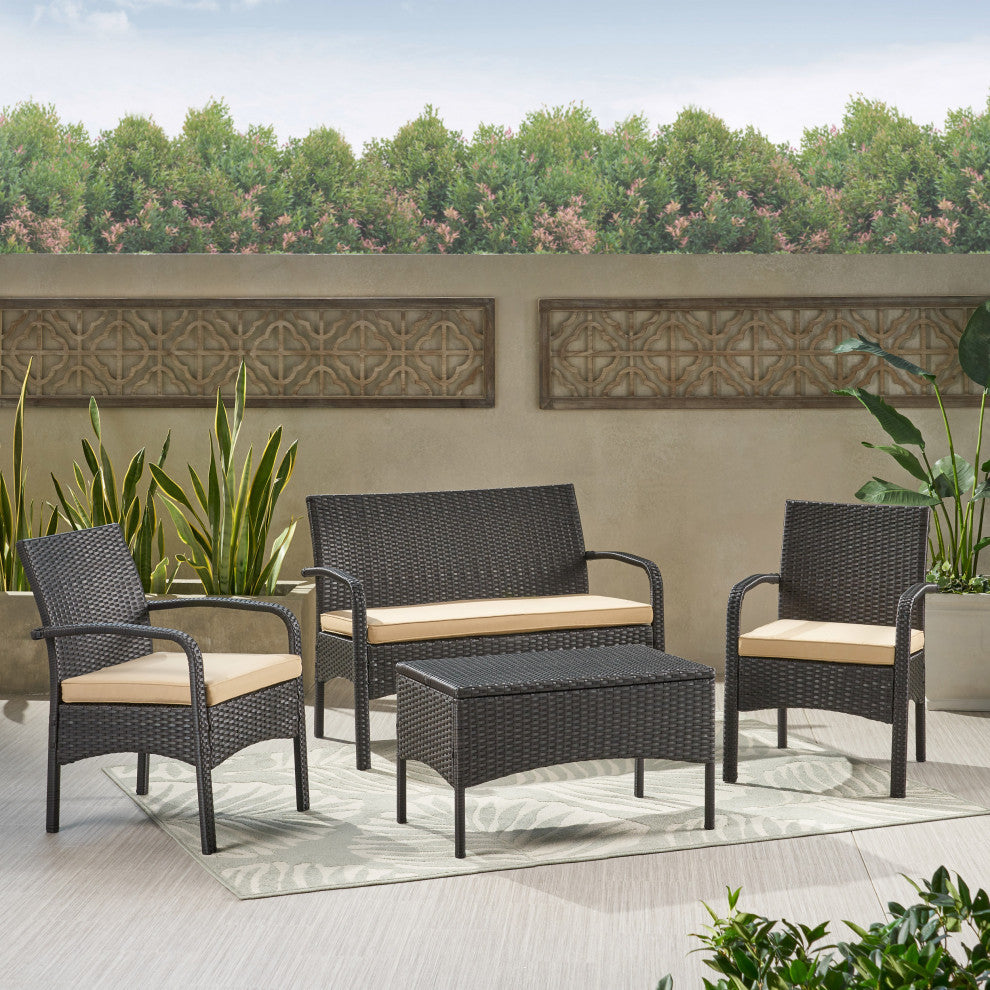 GDF Studio Kilburn Outdoor 4-Piece PE Wicker Chat Set, Multi Brown and Tan