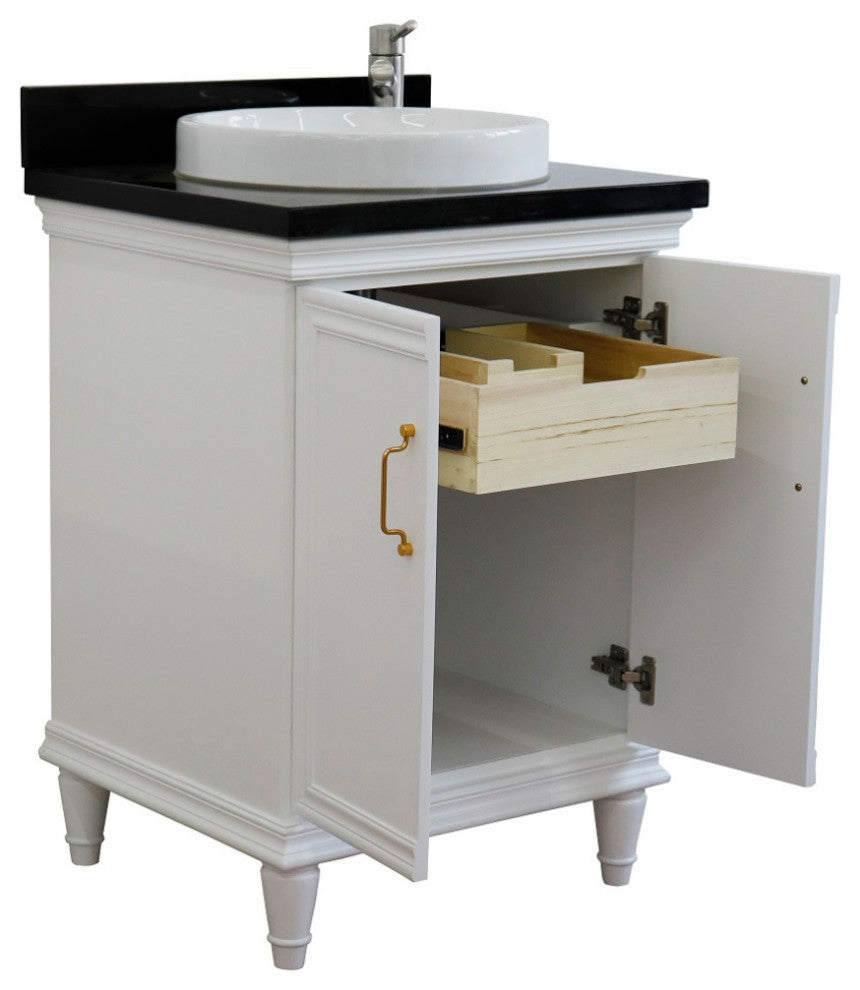 25" Single Vanity, White Finish With Black Galaxy And Round Sink