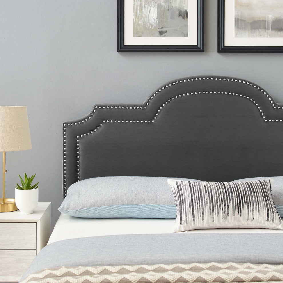 Headboard, Nailhead, Twin Size, Charcoal Gray, Velvet, Modern, Mid Century