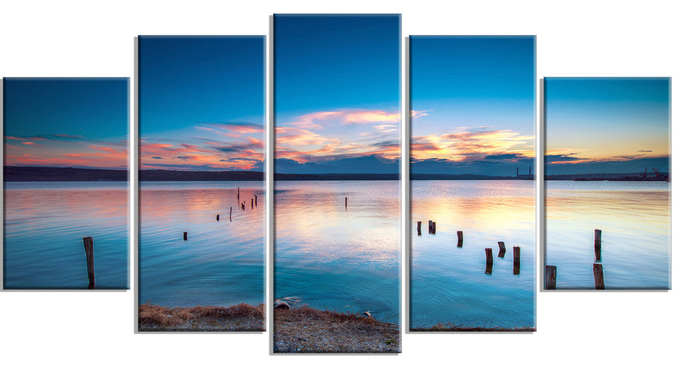 Bright Blue Sky and Blue Waters, Seashore Canvas Art Print, 60"x32", 5 Panels