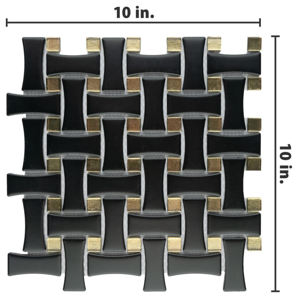 Metro Dog Bone Basketweave Matte Black w/Glass Gold Dot Porcelain Wall Tile