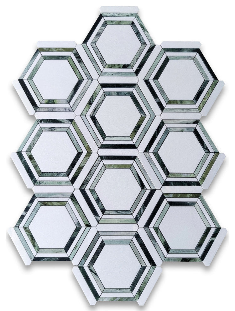 Thassos White Marble Hexagon Georama Mosaic Tile Sagano Vibrant Green, 1 sheet