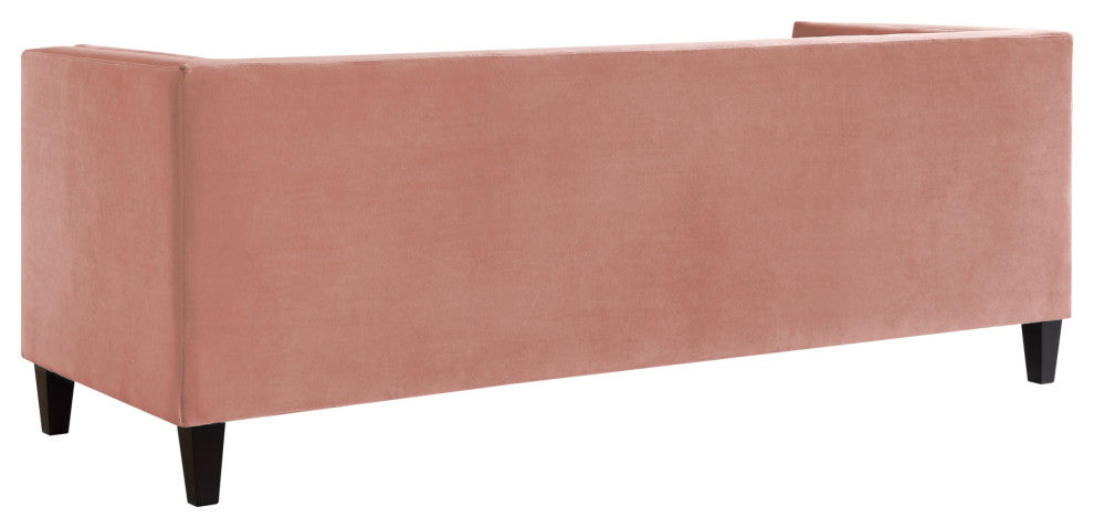 Branwen Velvet Button Tufted Sofa, Square Arms Tapered Leg, Blush