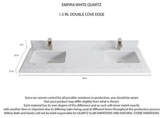 Elizabeth 60 Double Bathroom Vanity in Light Natural Teak 1.5" Empira Quartz