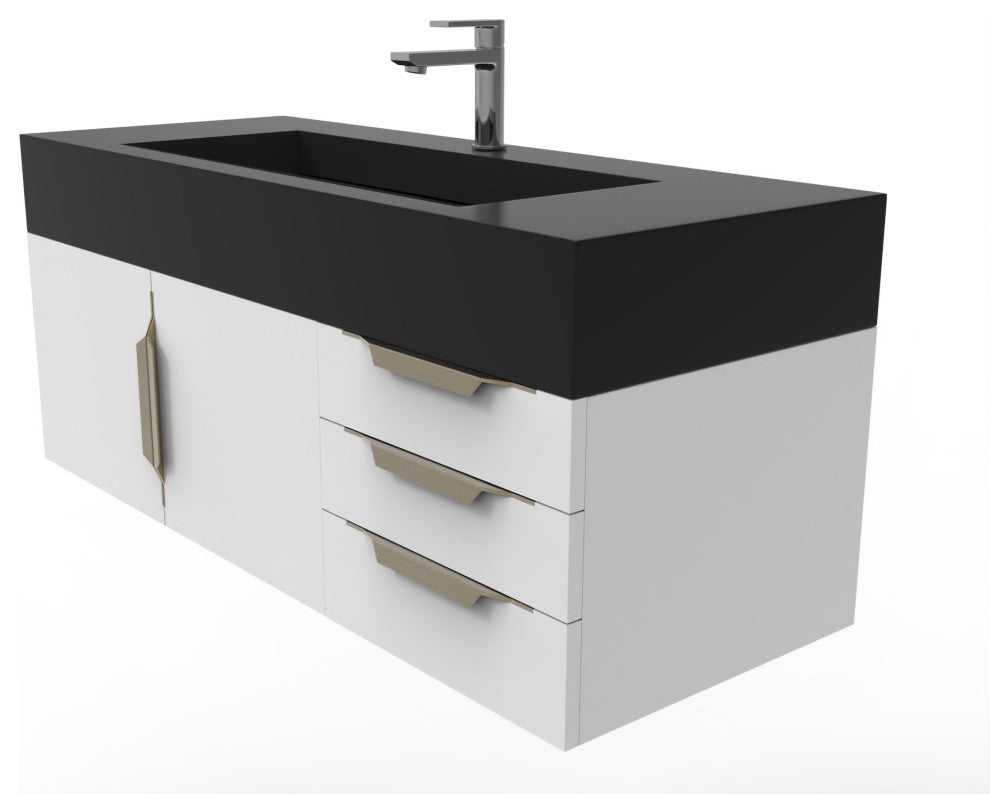 CastelloUSA Nile 48" Wall Mounted Vanity Set, White, Black Top, Gold Handles