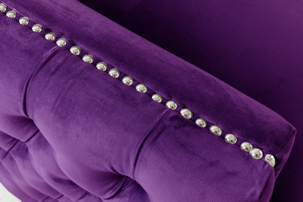 Bayberry Velvet Sofa With 3 Pillows, Purple