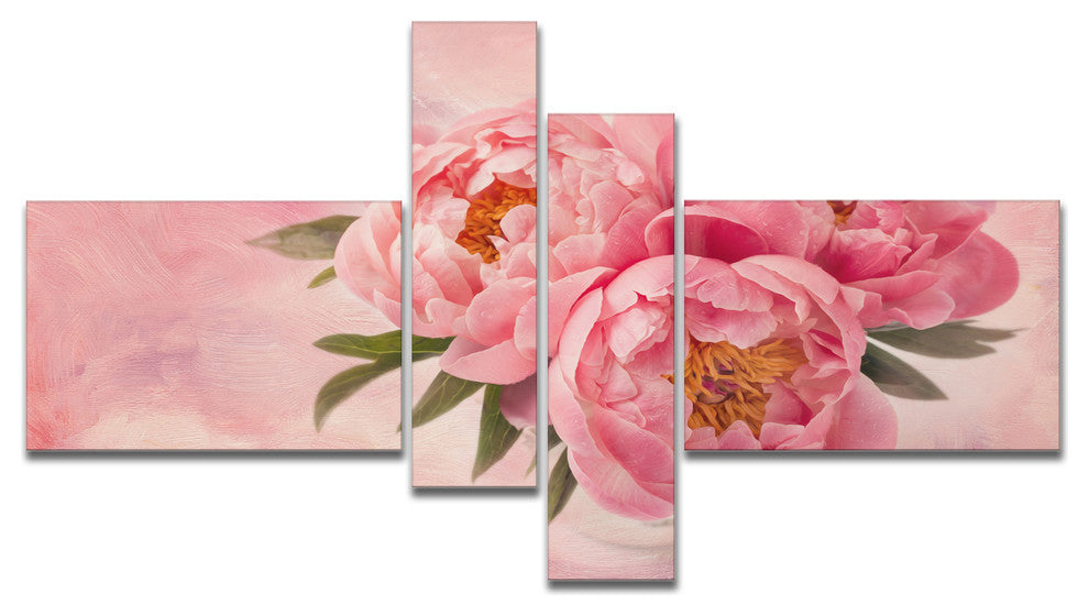 Peony Flowers in Vase on Pink, Floral Canvas Art Print, 60"x32", 4 panels