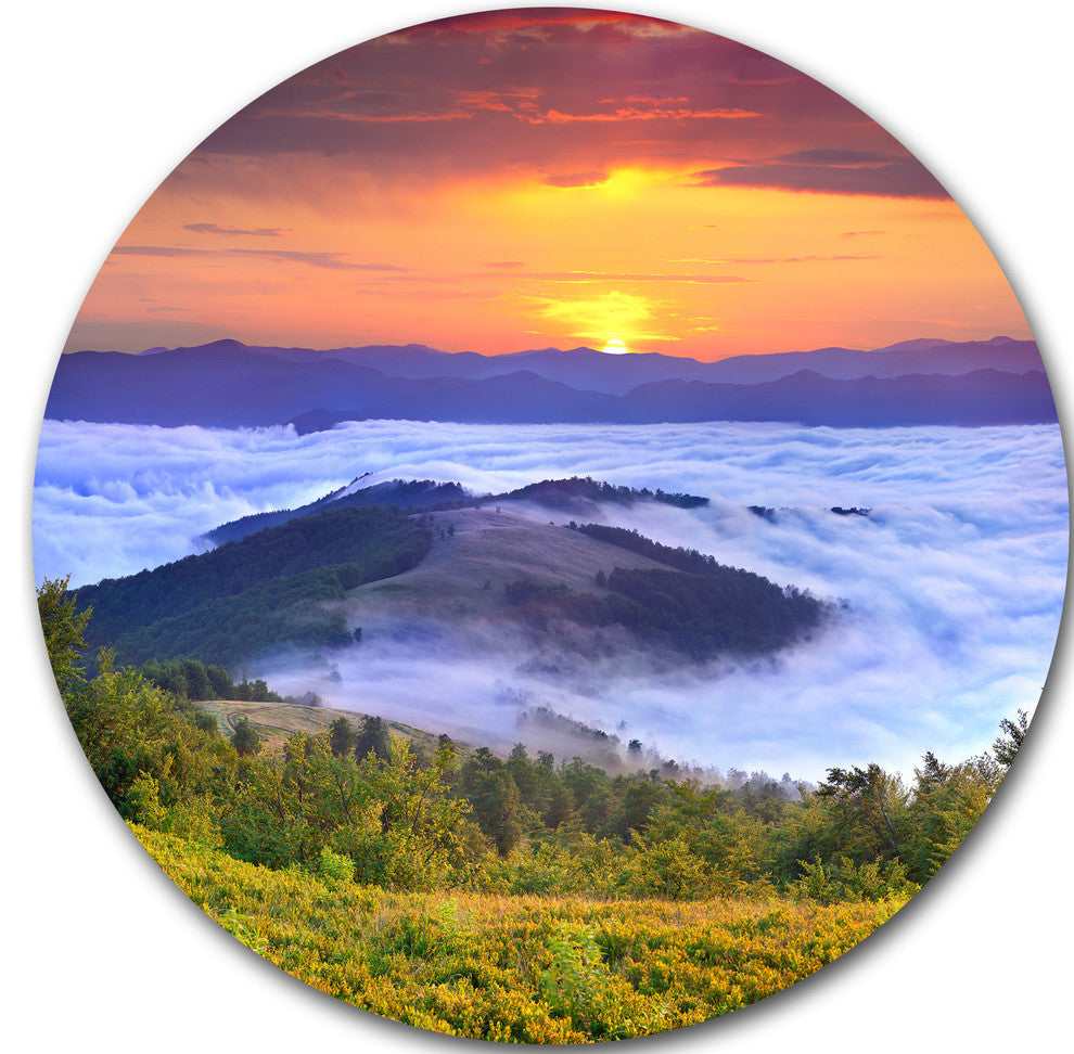 Yellow Sunrise Over Blue Waters, Landscape Round Metal Wall Art, 36"