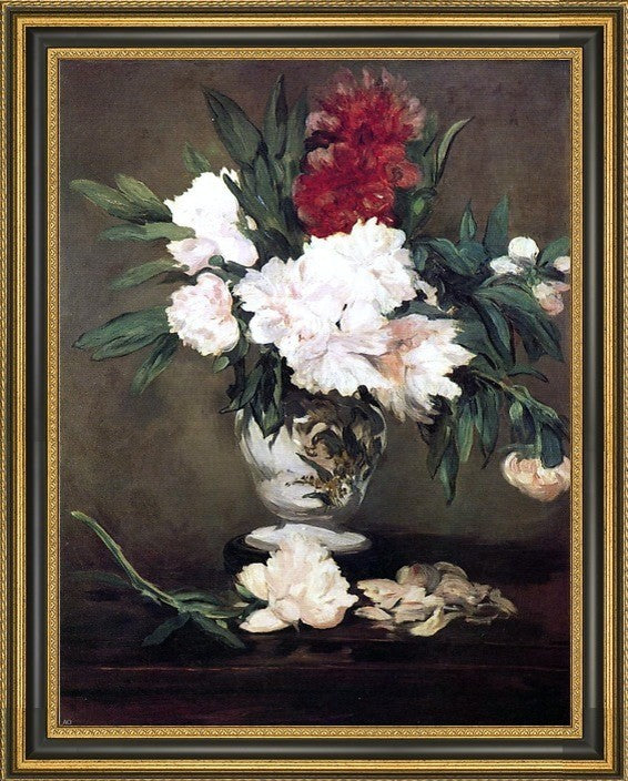 Edouard Manet Peonies in a Vase on a Stand Framed Premium Canvas Print, 21"x28"