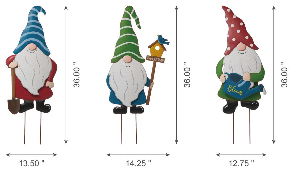 36"H Metal Gnome Yard Stake or Wall Decor, Set of 3