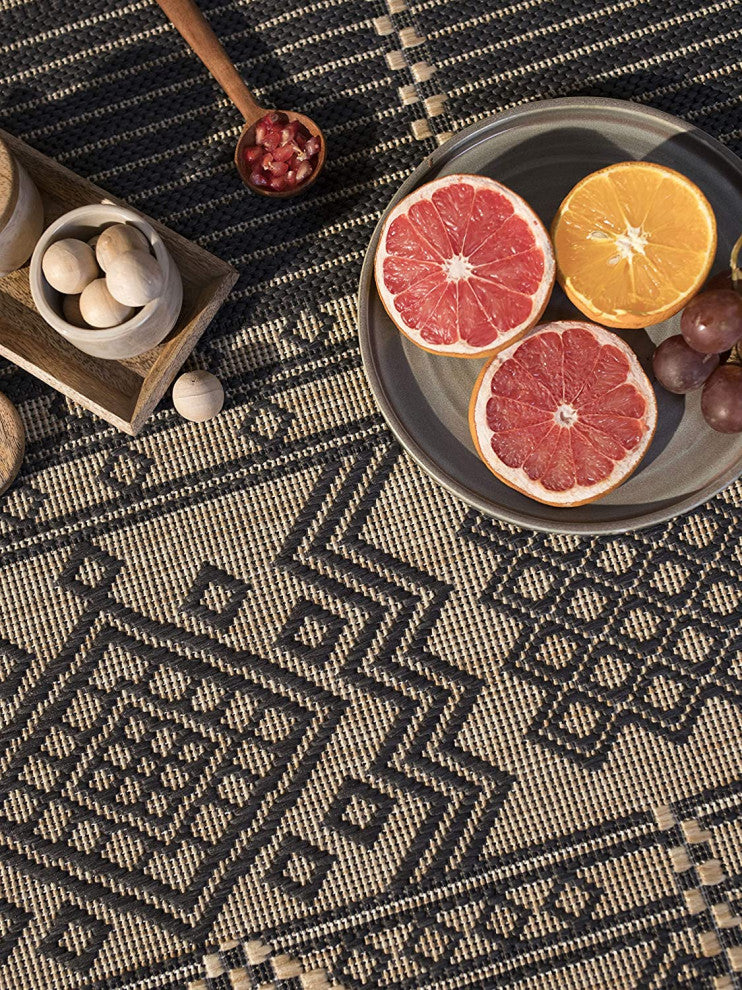 Outdoor Collection Geometric Pattern Bohemian Rug, Charcoal, 5'3"x7'6"
