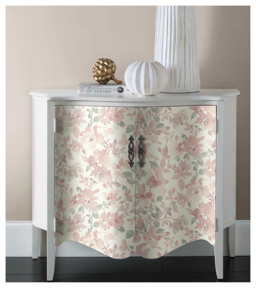 Watercolor Floral Peel and Stick Wallpaper, Pink and Green