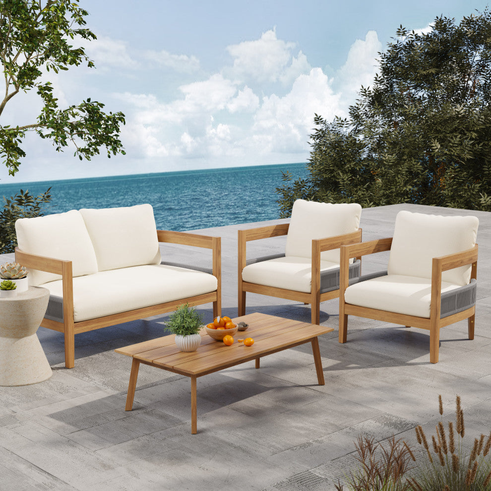 GDF Studio 4-Piece Outdoor Acacia Wood Chat Set With Cushions, Rattan Accents