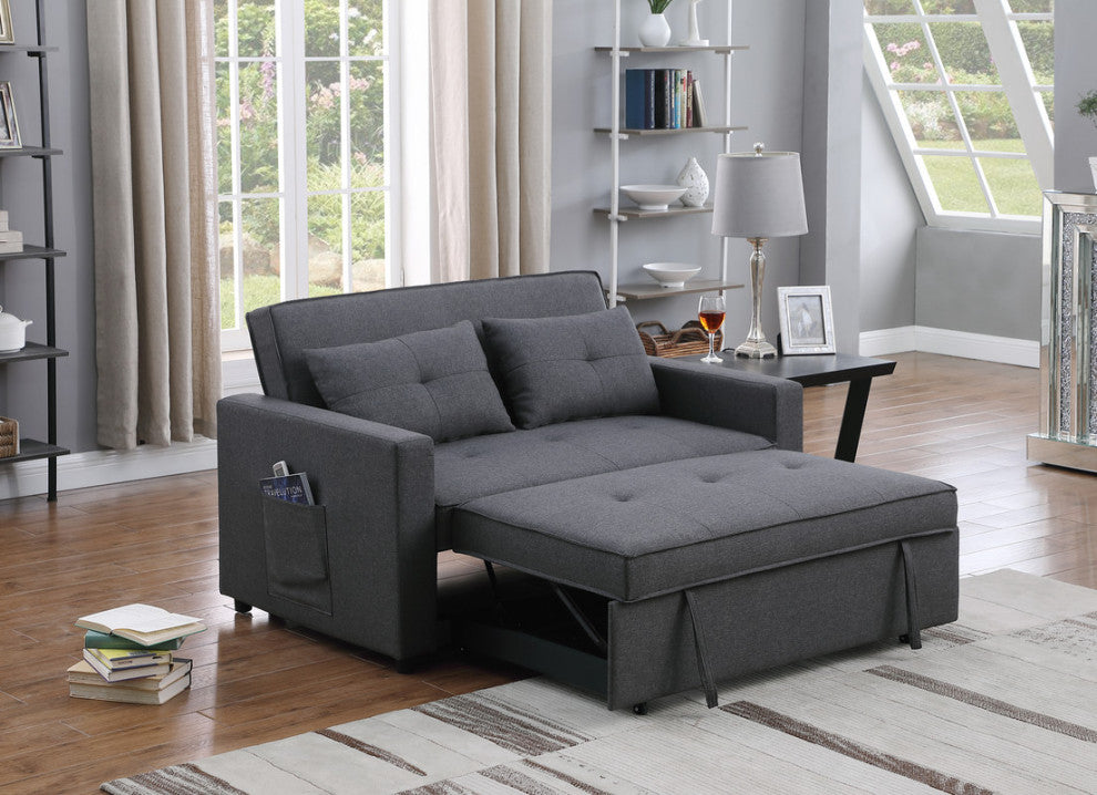 Zoey Linen Convertible Sleeper Loveseat With Side Pocket, Dark Gray