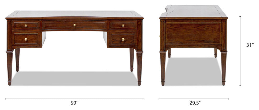 Dauphin 59" Ash Wood Gold Accent 5-Drawer Executive Desk, Walnut Brown Wood