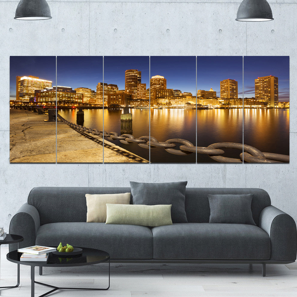 USA Skyline from Fan Pier at Night, Cityscape Canvas Print, 70"x28", 6 Panels