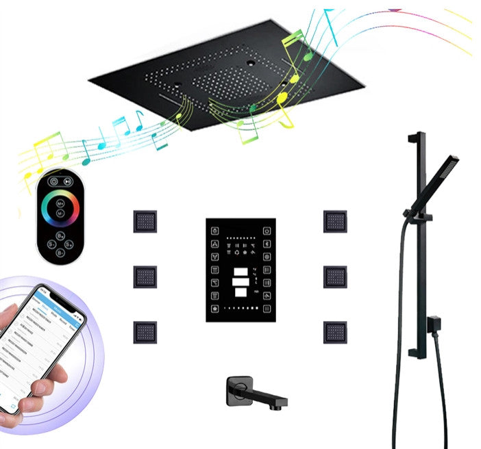 LED 23*31" Remote Controlled Matte Black Musical Shower System, 6 Body Jets