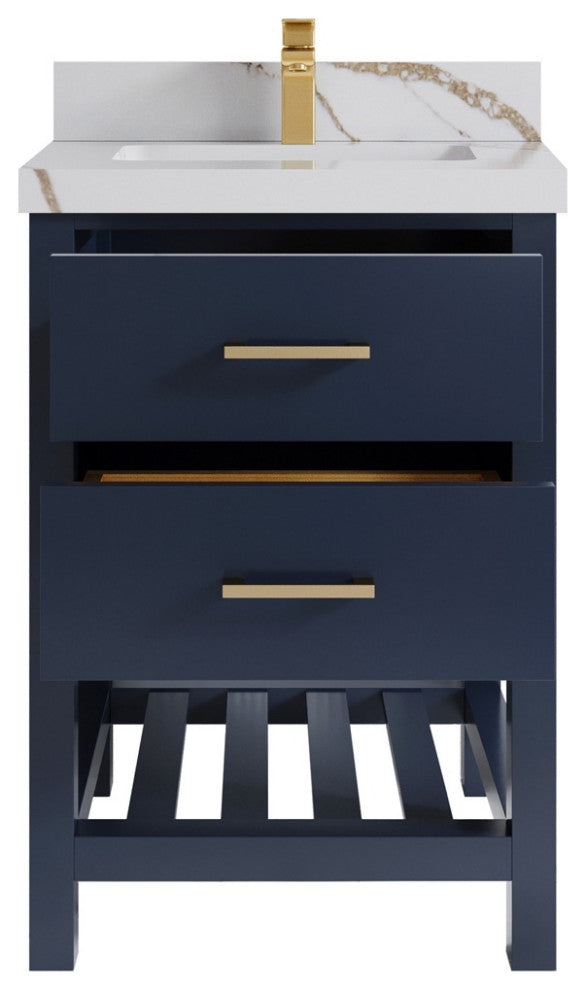 Parker 24" Single Sink Bath Vanity, Navy Blue 2" Calacatta Gold
