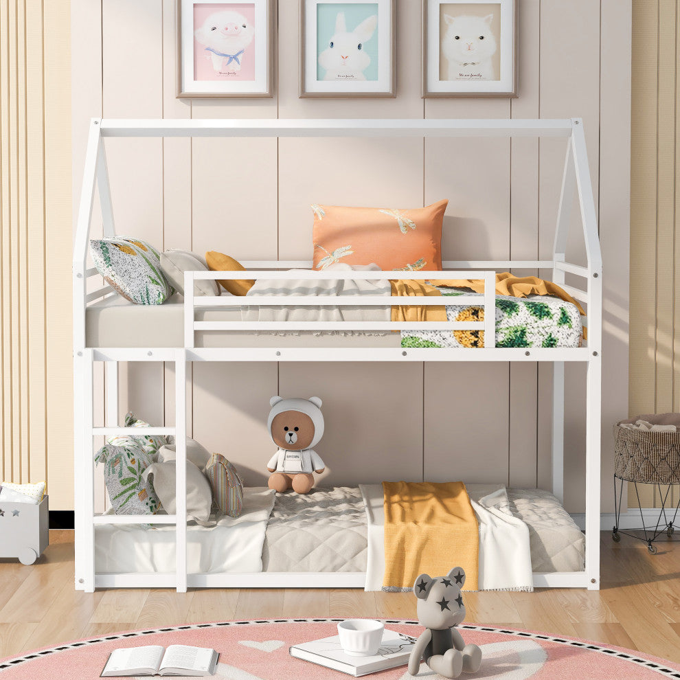 Gewnee Metal Twin Over Twin Bunk Bed House Bed in White