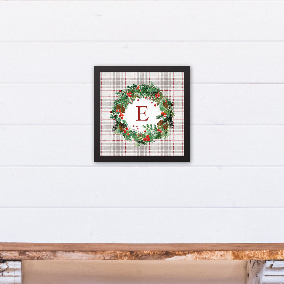 Holiday Gray Plaid Monogram Wreath E 12x12 Black Framed Canvas