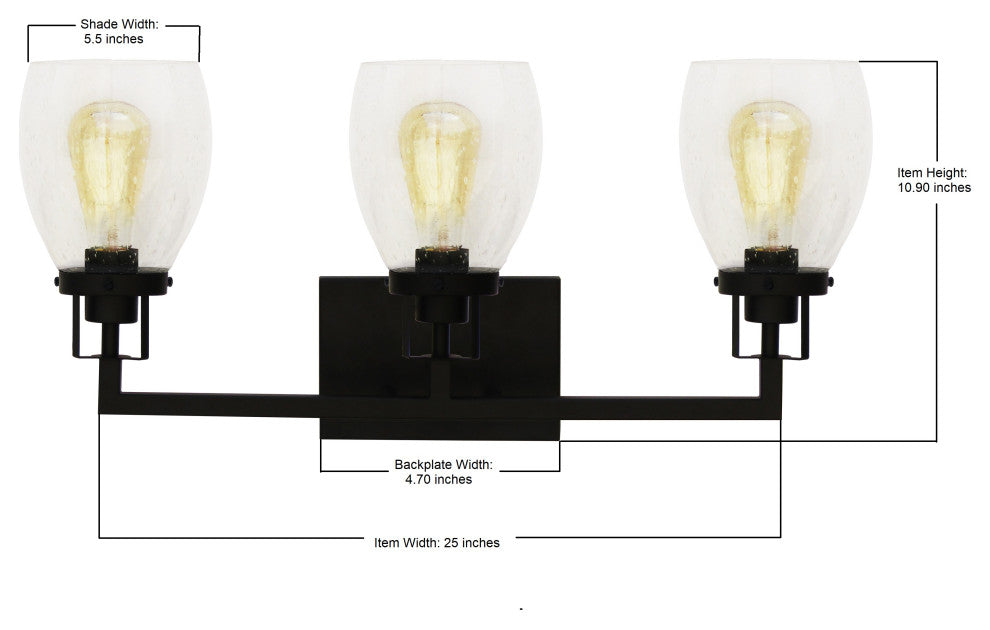 Jordan 2-Light Vanity Light, Matte Black With Clear Seeded Glass Shades