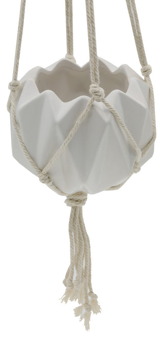 5x5" Ceramic Macrame Hanging Planter, Matte White