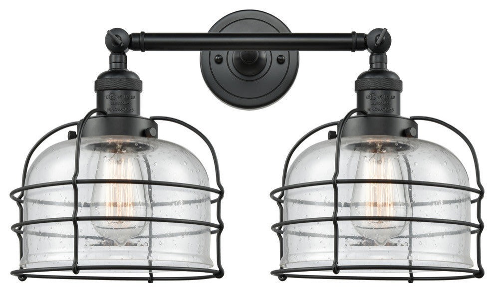 2-Light Large Bell Cage 18" Bath Fixture, Matte Black, Glass: Seedy