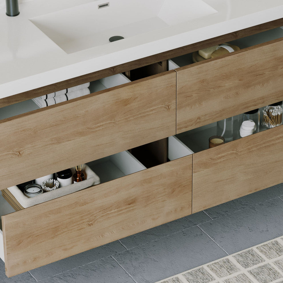 Skylar Bathroom Vanity, White Oak, 60", Single Sink, Wall Mount