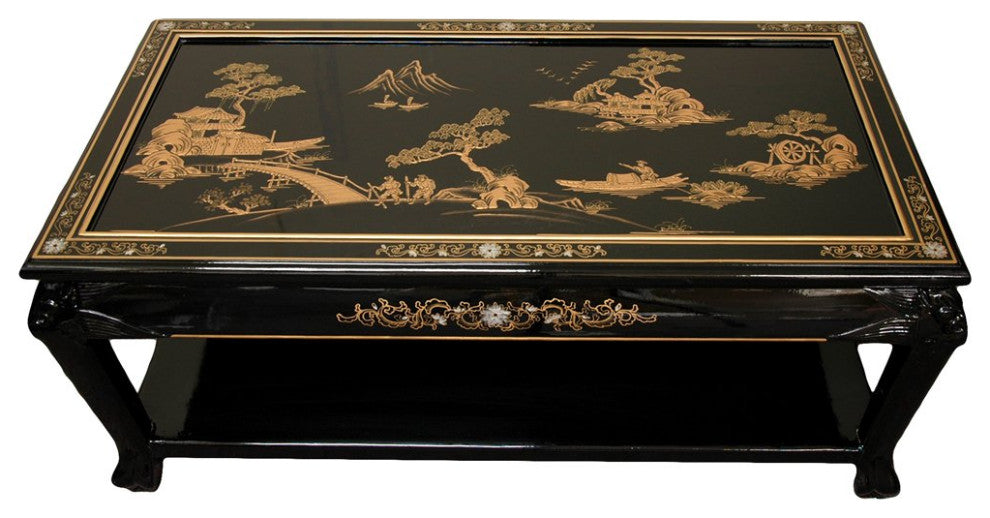 Lacquer Coffee Table With Shelf, Black Landscape