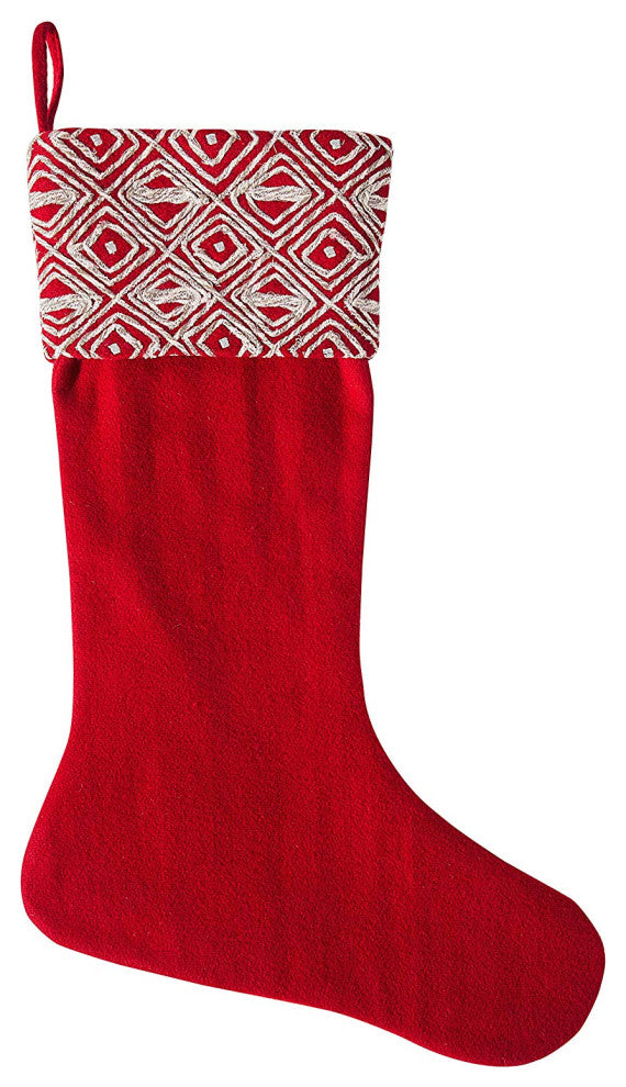 Red Christmas Stocking With Geo Embroidered Cuff, Recycled Wool