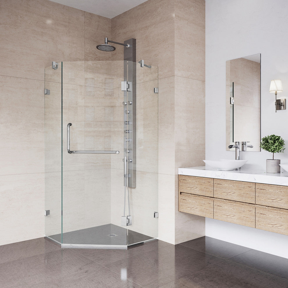 VIGO Piedmont Frameless Hinged Neo-Angle Shower Enclosure, Chrome, 38" D X 38" W, Without Base