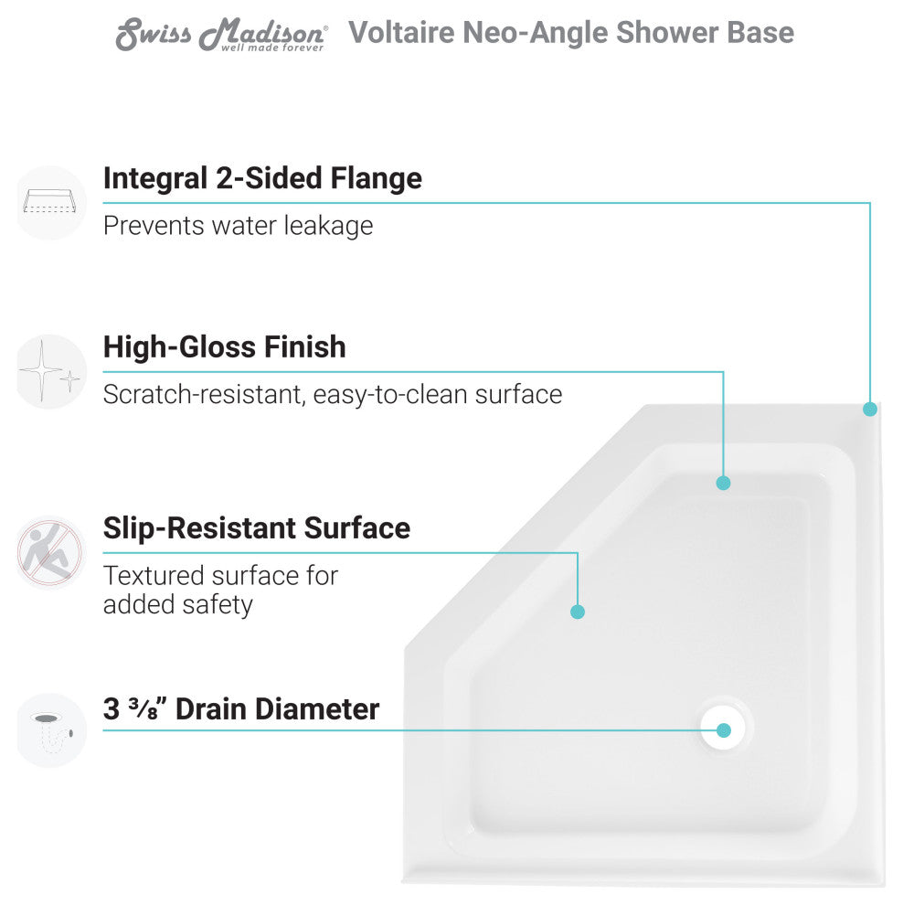 Voltaire 36"x36" White, Single-Threshold, Center Drain, Neo-angle Shower Base