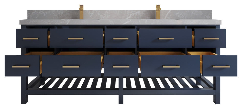 Parker 84" Double Sink Bath Vanity, Navy Blue 2" Pearl Gray