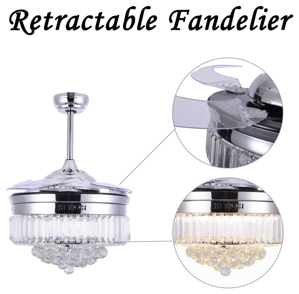 Unique Caged Ceiling Fan with Remote, LED light, Retractable Blades, Chrome