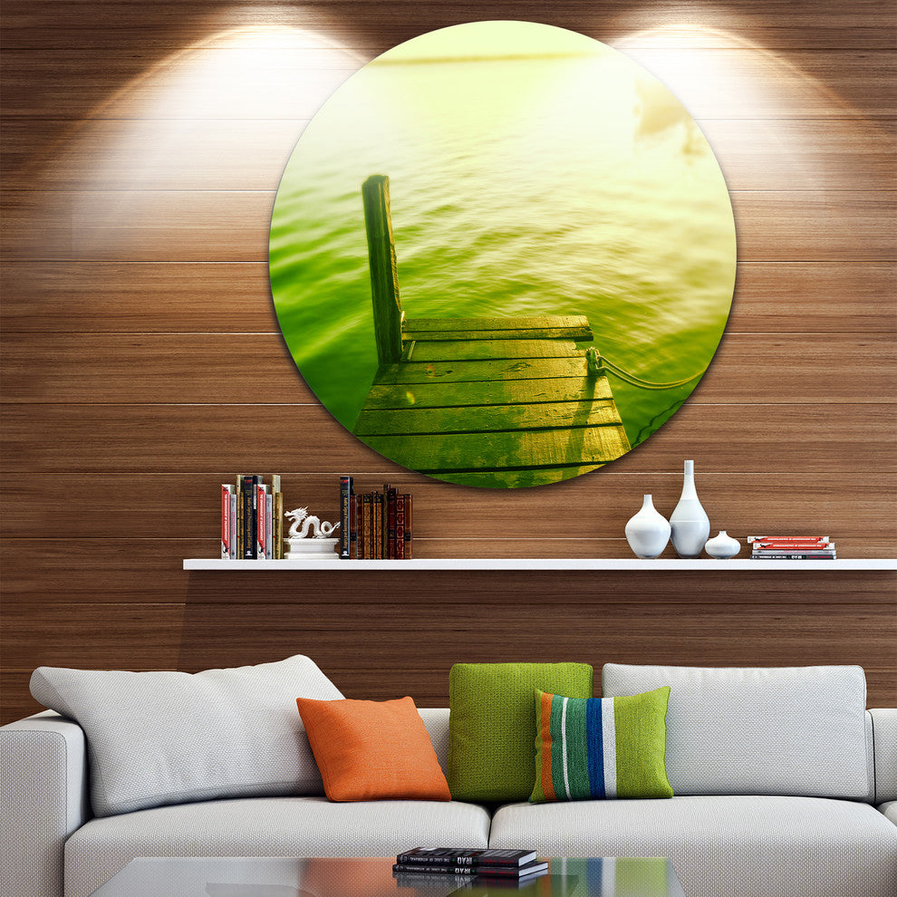 Wooden Boardwalk In Green Sea, Sea Bridge Round Wall Art, 23"