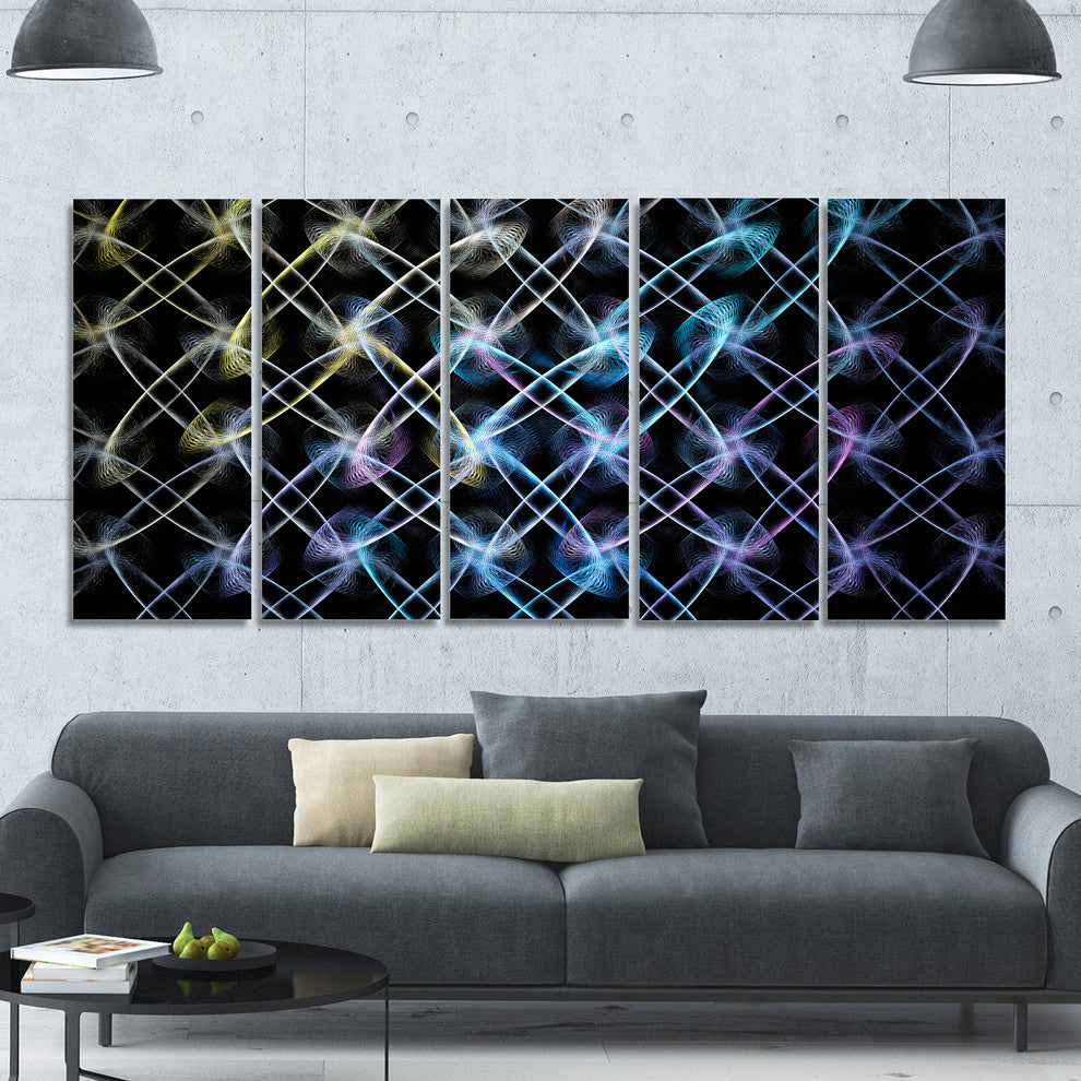 Blue Unusual Fractal Metal Grill, Abstract Canvas Wall Art, 60"x28", 5 Panels