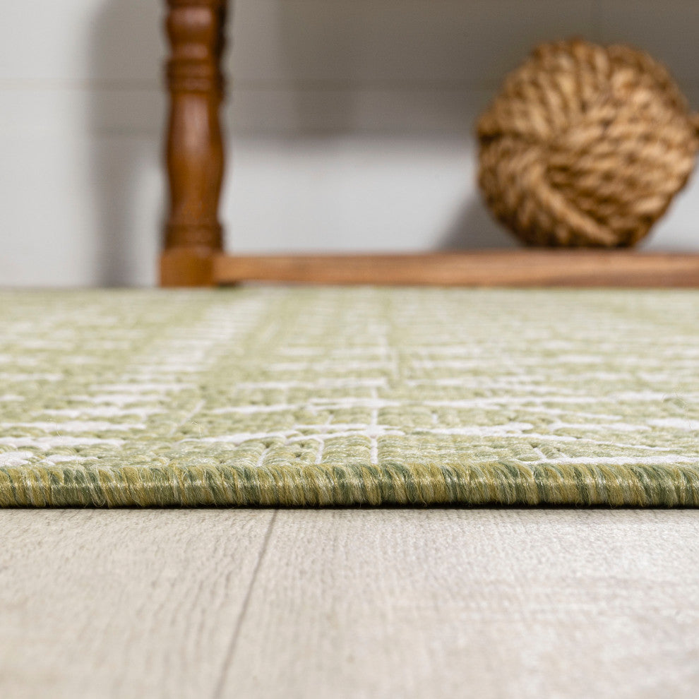 Ourika Moroccan Geometric Indoor/Outdoor Rug, Light Green/Cream, 5' Square