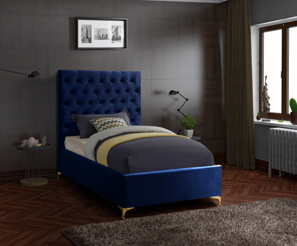 Cruz Velvet Upholstered Bed, Navy, Twin
