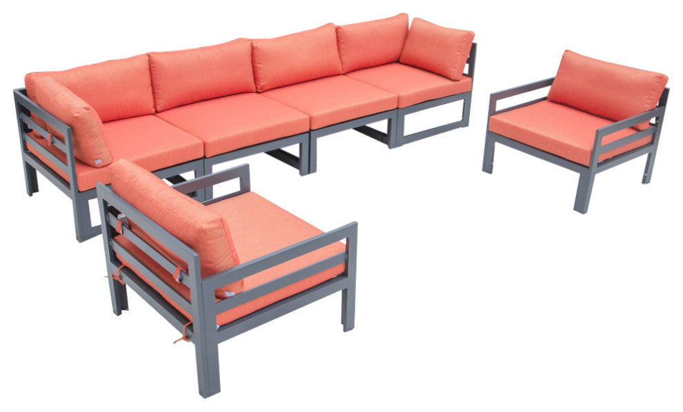 LeisureMod Chelsea 6-Piece Patio Armchair Sectional Black Aluminum, Orange